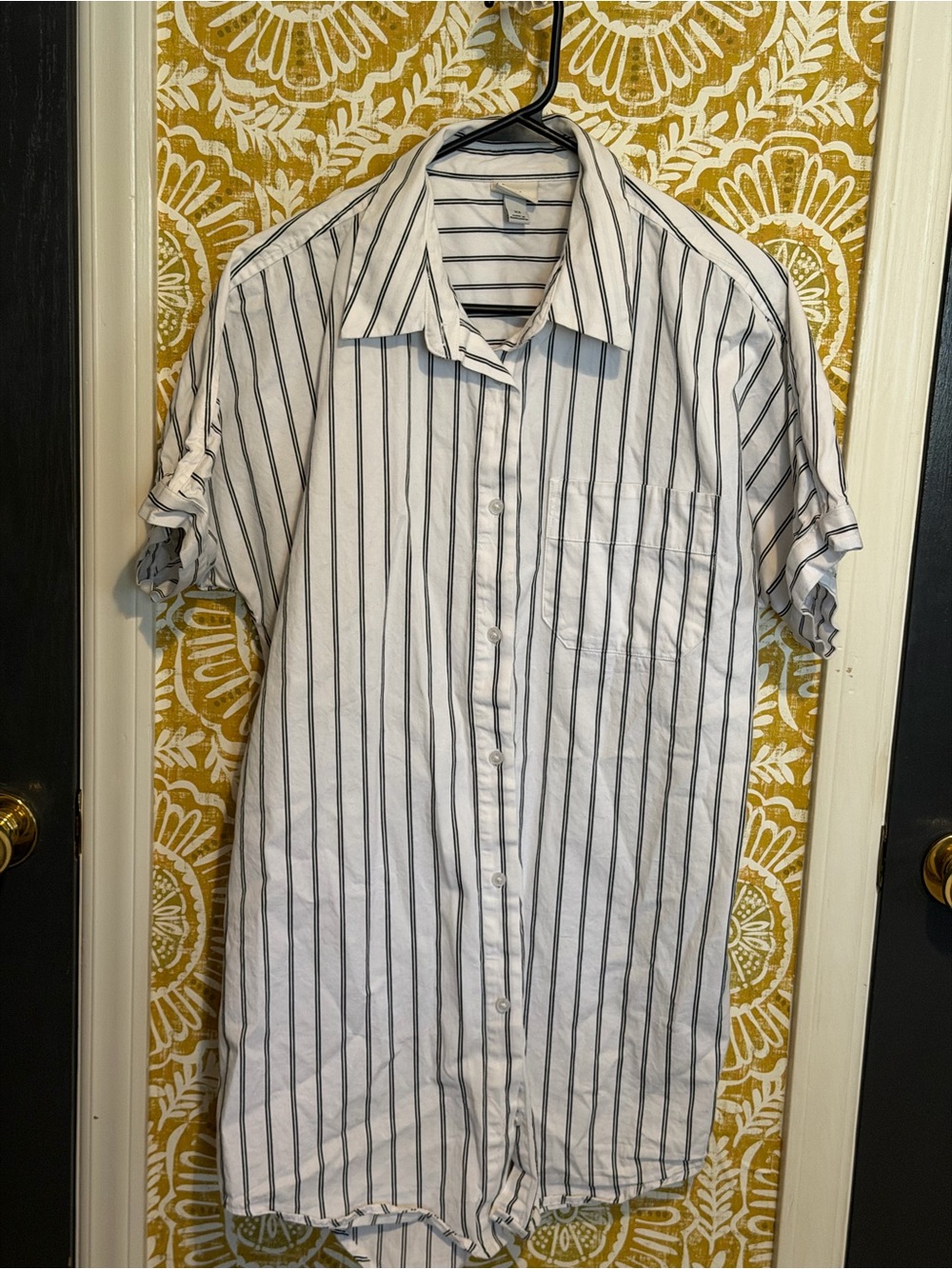 Universal Thread White Button-Down Dress with Black Vertical Stripes